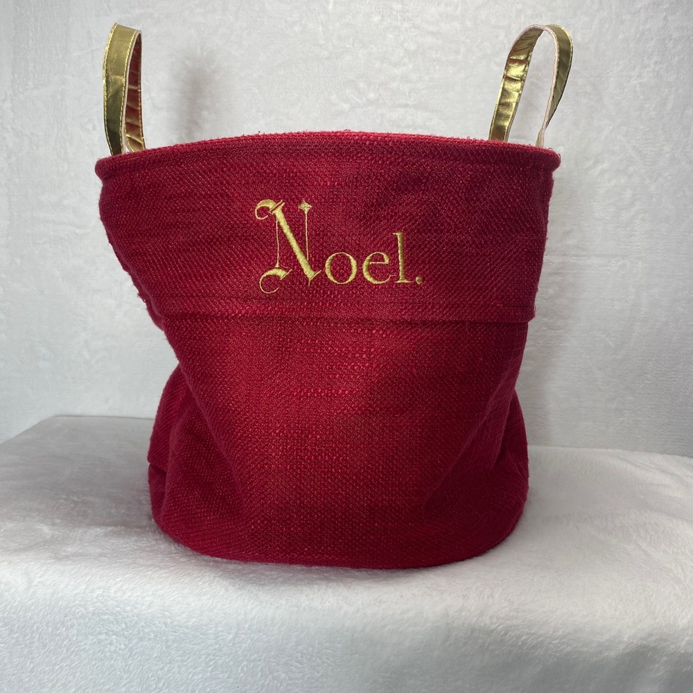 Red Fabric Christmas Basket Gift Bag Tote Gold Handles Noel Holiday Large‎
